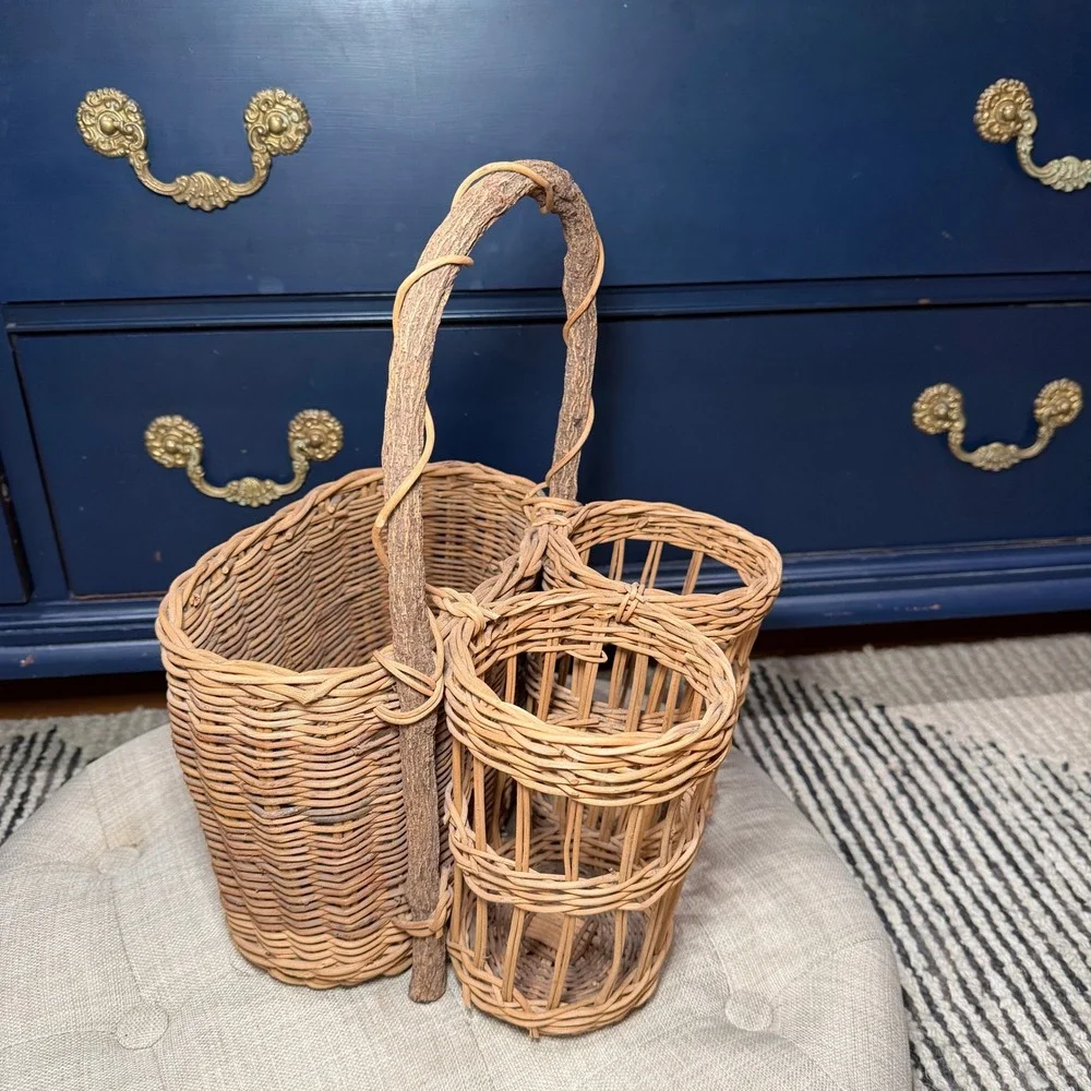 Vintage Wicker Rattan Wine Bottle Caddy 3 Compartment Branch Handle Boho Basket‎
